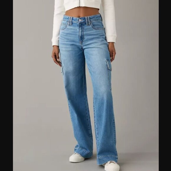 AE Stretch Super High-Waisted Cargo Baggy Wide-Leg Jean Size 16 - Picture 2 of 16